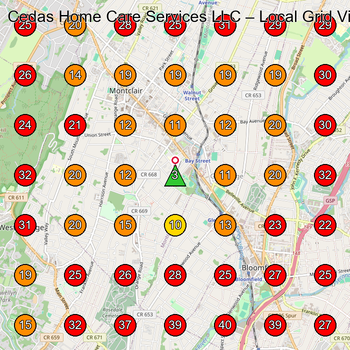 Cedas Home Care Services LLC GeoGrid visibility map for Home Health Care Service in Bloomfield
